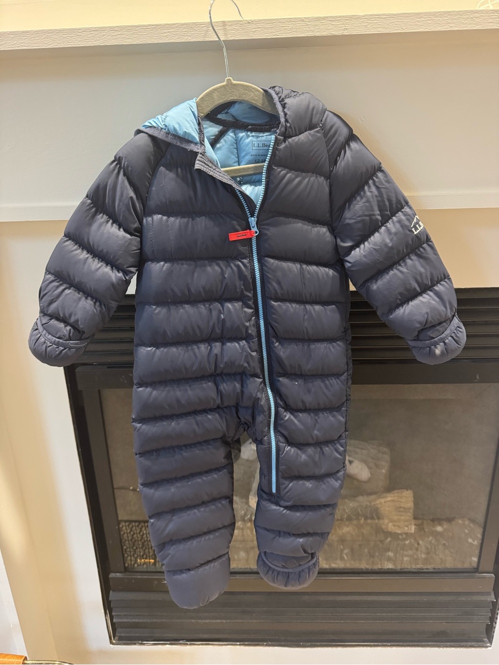 L.L. Bean Navy Quilted Kids One-Piece Snowsuit with Light Blue Lining